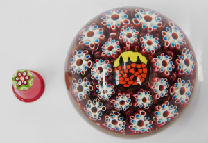 2 pces Murano Millefiori glass inc Paperweight with two rows of millefiori canes