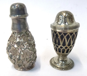 2 x Sterling Silver Pepper pots inc one in glass with floral casing