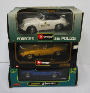 3 x Boxed 118 Scale Model Diecast Vehicles incl Bburago 1964 Polizei Porsche 356