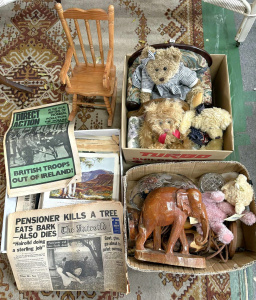 3 x boxes - Newspapers, 1963 The Hairoild, Direct Action, teddy bears, glass, br