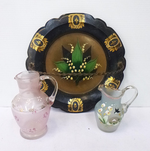 3 x Victorian Items inc, Paper Mache round tray with handle & hpainted deco