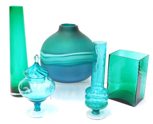 5 pces Teal Art Glass inc MCM Empoli lidded candy Jar, Rippled pedestal vase wit