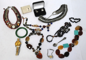 Box costume jewellery etc, necklaces, gemstones, wide collars, Jadeite bangle, w