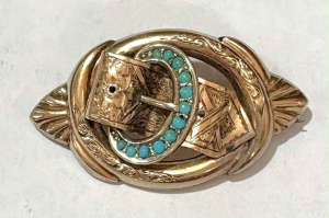 c1900 9ct gold 0val Broochpendant feat belt & buckle with turq stones - TW a