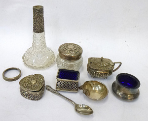Group lot of Mostly Hmarked English Sterling Silver items inc, salts, trinket bo