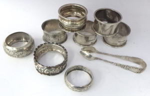 Group Lot of vEnglish HMarked Sterlingg Silver assorted napkin rings and a sugar
