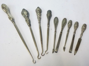 Group lot of Vintage Button Hooks & Manicure items all with Sterling Silver
