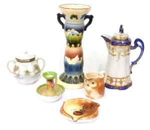 Group lot Vintage Japanese Ceramics inc Small Majolica Pedestal - leaves & b