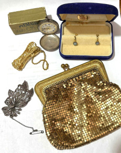 Grp - c1900 silver Caris Bros Perth hunter pocket watch (af), Marcasite brooch,