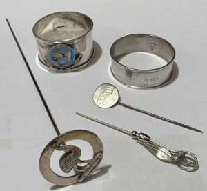 Grp Australian silver - Hatpins with Emu, Peter Gertler gumnut, coin & 2 Nap