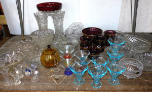Large Group lot Crystal & Glass inc Aubergine & Gilt 8 pces dessert set