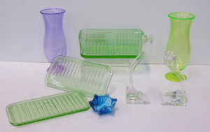Mixed Group Lot inc Uranium glass Oblong Fridge box w 2 green depression glass l