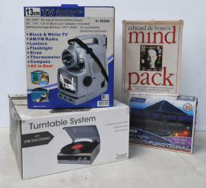 Mixed Lot incl Boxed USB Turntable, Boxed Fairy Lights, Boxed All in One TV Radi