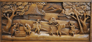 Vintage Carved Wooden Panel Depicting A Traditional Asian Village scene - Approx