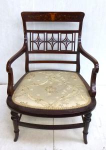 Lot 1 - Circa 1900 Wooden & Floral Upholstered Low Parlour Chair with curved Lot 1 - Circa 1900 Wooden & Floral Upholstered Low Parlour Chair with curved