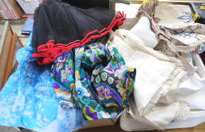 Lot 18 - 2 x Boxes vintage Clothing & Napery incl 60s Colourful Dresses, Dol Lot 18 - 2 x Boxes vintage Clothing & Napery incl 60s Colourful Dresses, Dol