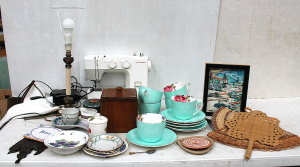 Lot 24 - Box lot plus inc Oversized china Cups, & Saucers, Bamboo fans, Lamp