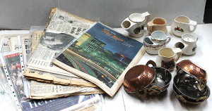 Lot 29 - 2 x Boxes Mixed inc Ceramic shaving mugs, Beaten copper & Stainless