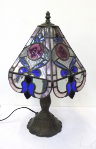 Lot 36 - Leadlight Tiffany Style Table Lamp - ornate metal base with stylised le Lot 36 - Leadlight Tiffany Style Table Lamp - ornate metal base with stylised le