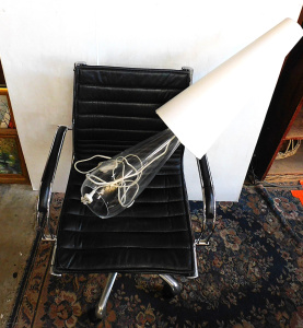 Lot 42 - Modern Chrome & Black Leather Office Chair & Polish Glass Lamp