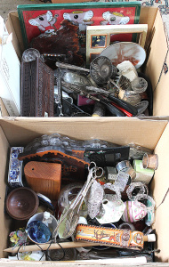 Lot 63 - 2 x Boxes Mixed items inc EPNS, China, Glass, Carved Boxes etc