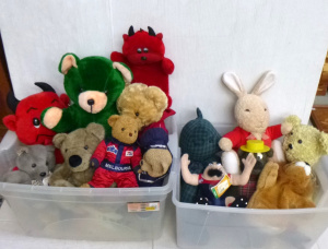 Lot 65 - 2 x Boxes of assorted Mostly Soft Toys inc, green Teddy Bear,& snak Lot 65 - 2 x Boxes of assorted Mostly Soft Toys inc, green Teddy Bear,& snak