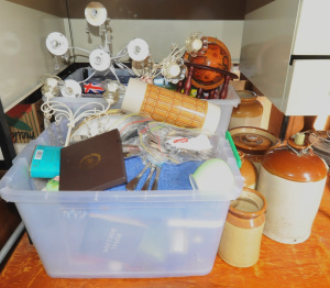 Lot 70 - Group lot incl 2 x Boxes of Assorted Mixed Items & Stoneware Jugs