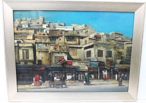 Lot 77 - Artist Unknown (S Mujtaba) Framed Oil Painting - Busy Middle Eastern St