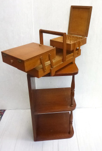 Lot 80 - 2 x Mid Century Wooden Items inc, Cantilever Sewing Box & a Shelvin Lot 80 - 2 x Mid Century Wooden Items inc, Cantilever Sewing Box & a Shelvin