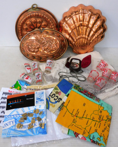 Lot 83 - Mixed Box lot inc Copper Baking moulds, Souvenir linen tea towels, Swan Lot 83 - Mixed Box lot inc Copper Baking moulds, Souvenir linen tea towels, Swan