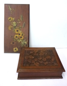Lot 121 - 2 x Vintage Wooden Items inc, large Chip Carved Lidded Box with grape Lot 121 - 2 x Vintage Wooden Items inc, large Chip Carved Lidded Box with grape
