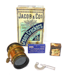 Lot 135 - Group lot vintage inc Jacob & Co Cracker tin w paper label Brass a Lot 135 - Group lot vintage inc Jacob & Co Cracker tin w paper label Brass a