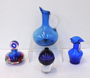 Lot 155 - 4 pces Blue Art Glass inc Blue Pitcher with clear handle 20cm H , Vase Lot 155 - 4 pces Blue Art Glass inc Blue Pitcher with clear handle 20cm H , Vase