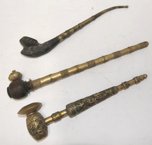 Lot 163 - 3 x Vintage Eastern Smoking Pipes incl One w Ceramic Bowl Lot 163 - 3 x Vintage Eastern Smoking Pipes incl One w Ceramic Bowl