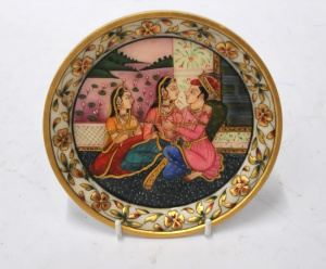 Lot 216 - Small Alabaster Dish w Decorative Hand painted Indian Interior scene w