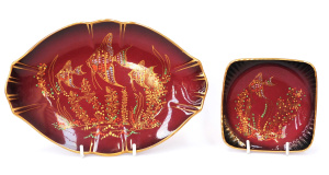 Lot 218 - 2 pces Empire Superbe Rouge Lustre Oval Bowl & square Dish both wi
