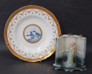 2 pces inc c1900 Minton Cabinet plate with Hpainted windmill scene to centre &am