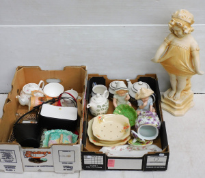 2 x Boxes mixed & Large Plaster Figure inc China, Mirrors, Figures, Handbags
