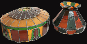 2x Vintage Lead Light Lampshades with orange and green segmented design