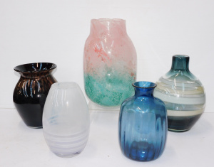 5 x Art Glass Vases inc Black with Bronze Aventurine 21cm H, Large Aqua &