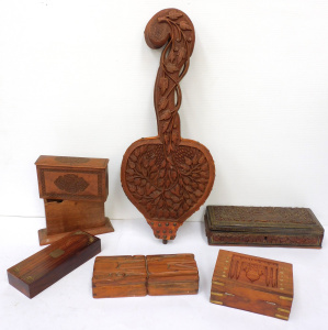 Group lot - 19th & 20th C Carved & Inlaid Indian wooden Items - Bellows