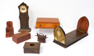 Group lot - Vintage Wooden items - Lidded Boxes, Carved Clock case w later fited