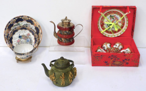 Group lot vintage Oriental inc White Metal Teaport with npolished natural stone