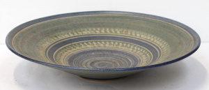 Vintage 1988 Wide Ceramic Platter by Peter Corser, Blue Concentric Spiral Ring d