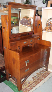 Lot 4 - Vintage Art Nouveau Blackwood Dresser w large Swivel Mirror & Carved