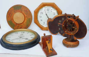Lot 6 - Group lot vintage Wooden items inc Pokerwork Cheese plate, Seiko wall cl Lot 6 - Group lot vintage Wooden items inc Pokerwork Cheese plate, Seiko wall cl