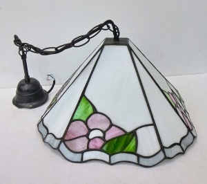 Lot 21 - Leadlight Ceiling Light Shade - Conical form, white with green & pi Lot 21 - Leadlight Ceiling Light Shade - Conical form, white with green & pi