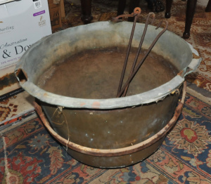 Lot 23 - Vintage Large Brass Pot w Original Hanging Hooks - AF Lot 23 - Vintage Large Brass Pot w Original Hanging Hooks - AF