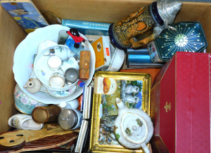 Lot 25 - Box Mixed items inc Vintage Remy Martin Box, Tins, China Teapots, Royal