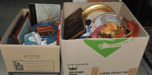 Lot 32 - 2 x Boxes of Ceramics, Glassware, Framed Prints incl Wedgewood, Royal W